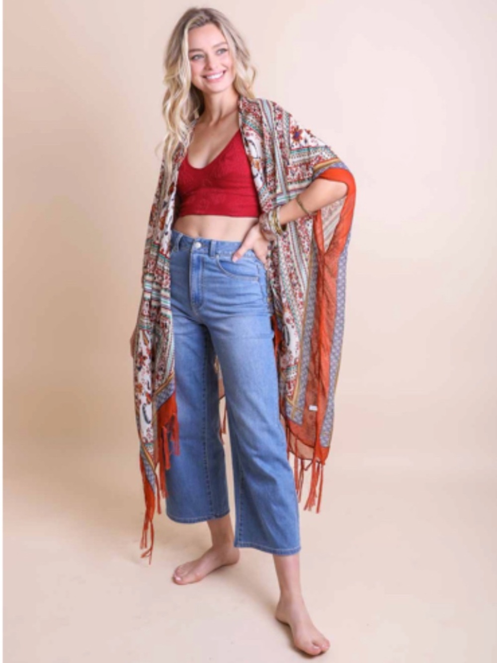 Rust Bohemian Diamond Tassel Tapestry Printed Open Kimono Wrap Top One Size